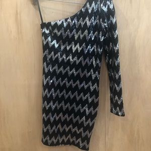 bebe One Shoulder Long Sleeve Sequin Mini Dress